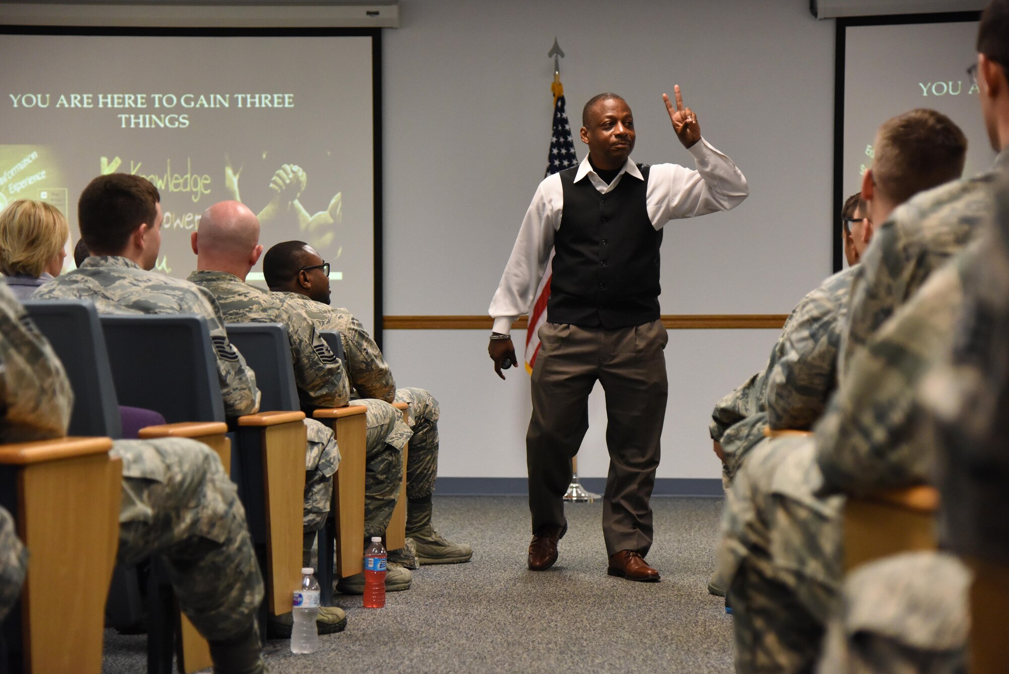 Retired Chief Master Sgt. Anthony Brinkley speaks during a character development seminar at the Sablich Center July 13, 2017, on Keesler Air Force Base, Miss. The interactive discussion was designed to positively encourage attendees to become more well-rounded leaders and team members. (U.S. Air Force photo by Kemberly Groue)