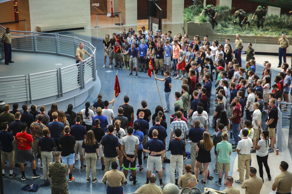Marine Col. Terence D. Trenchard welcomes approximately 200 high school students to the 2017 Summer Leadership Character Development Academy at the National Museum of the Marine Corps in Triangle, Va., July 16. The SLCDA engagement is not specifically designed for recruitment, instead, its primary goal is to return the high-caliber individuals back to their schools and communities with greater knowledge of the Marines, sense of purpose and the ability for them to serve as advocates for the Corps due to their first-hand experiences with Marines. Trenchard is the chief of staff of Marine Corps Recruiting Command.