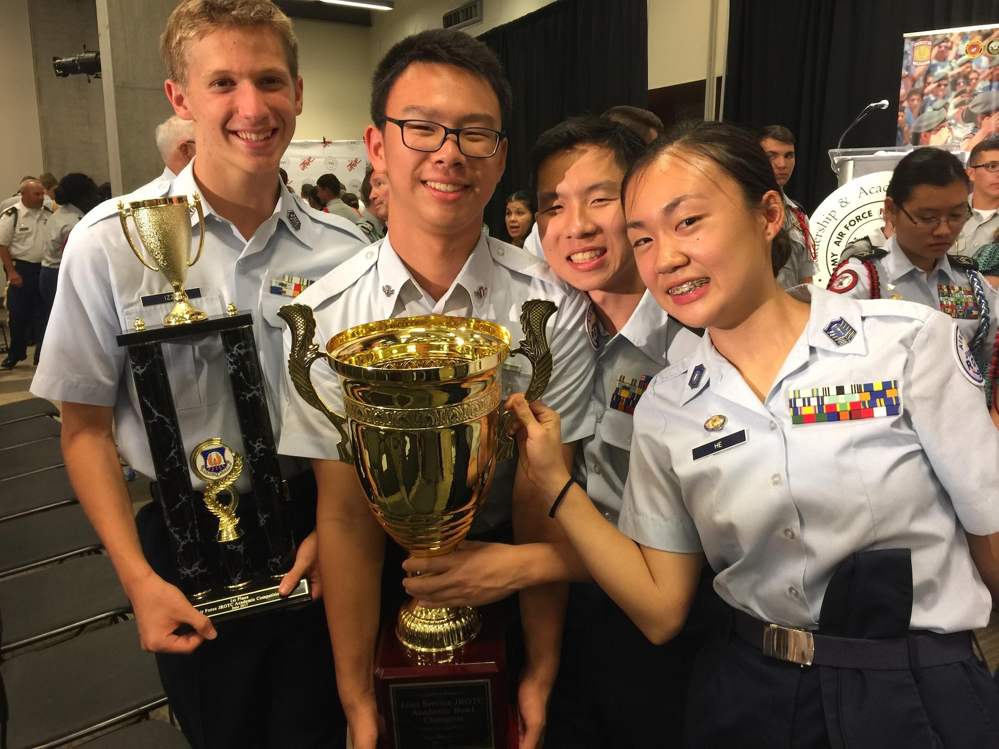 Air Force JROTC cadets from Scripps Ranch High School, San Diego, celebrate after winning the Joint Service Academic Bowl Championship at the 2017 JROTC Leadership and Academic Bowl Championship in Washington, D.C., in June. This is the second year in a row that cadets from Scripps Ranch have won the award. The contest is sponsored by College Options Foundation. (Courtesy photo)