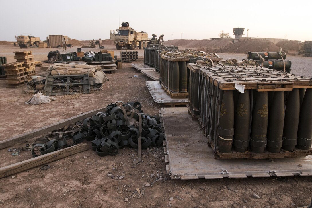 Ammunition is prepared for movement at Forward Operating Base Shalalot, Iraq, July 6, 2017. Army photo by Sgt. Christopher Bigelow