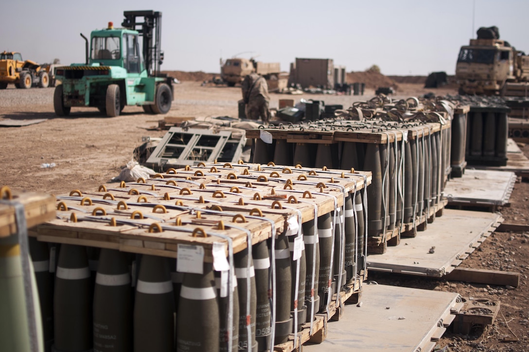 Ammunition is prepared for movement at Forward Operating Base Shalalot, Iraq, July 6, 2017. Army photo by Sgt. Christopher Bigelow