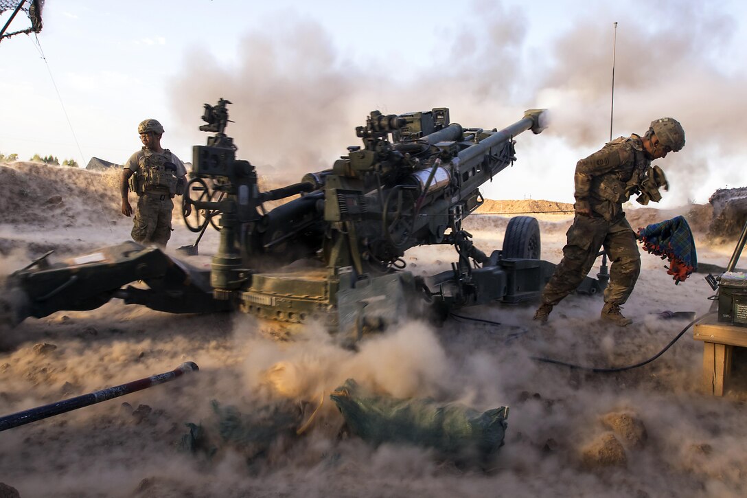 Paratroopers engage ISIS militants with precise and strategically placed artillery fire in support of Iraqi and Peshmerga fighters in Mosul, Iraq, July 6, 2017. The paratroopers are assigned to Charlie Battery, 2nd Battalion, 319th Airborne Field Artillery Regiment, 82nd Airborne Division. Army photo by Sgt. Christopher Bigelow
