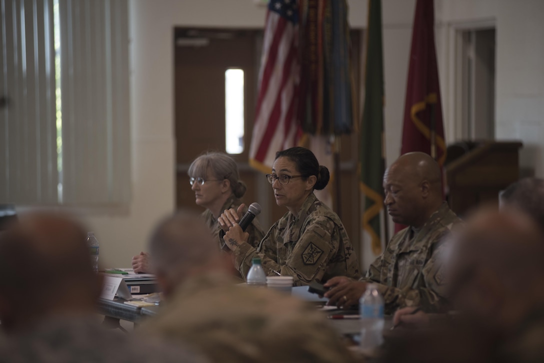 Command Sgt. Maj. Ted L. Copeland, command sergeant major of the Army Reserve, speaks to leadership from the 200th Military Police Command and its subordinate units during a conference at McGill Training Center at Fort Meade, Maryland, July 15, 2017. Joining Copeland is Command Sgt. Maj. Craig Owens, the command sergeant major for the 200th MP Command. The command hosted a Quarterly Training Briefing conference at Fort Meade from July 15-17, to strategize on future needs, and how they support the U.S. Army Reserve Command’s focus on combat readiness. Owens reminded the leadership to “focus on training as a unit, a team. It's the team that goes to war and wins." (U.S. Army Reserve Photo by Sgt. Audrey Hayes)