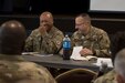 Command Sgt. Maj. Ted L. Copeland, command sergeant major of the Army Reserve, speaks to leadership from the 200th Military Police Command and its subordinate units during a conference at McGill Training Center at Fort Meade, Maryland, July 15, 2017. Joining Copeland is Command Sgt. Maj. Craig Owens, the command sergeant major for the 200th MP Command. The command hosted a Quarterly Training Briefing conference at Fort Meade from July 15-17, to strategize on future needs, and how they support the U.S. Army Reserve Command’s focus on combat readiness. Owens reminded the leadership to “focus on training as a unit, a team. It's the team that goes to war and wins." (U.S. Army Reserve Photo by Sgt. Audrey Hayes)