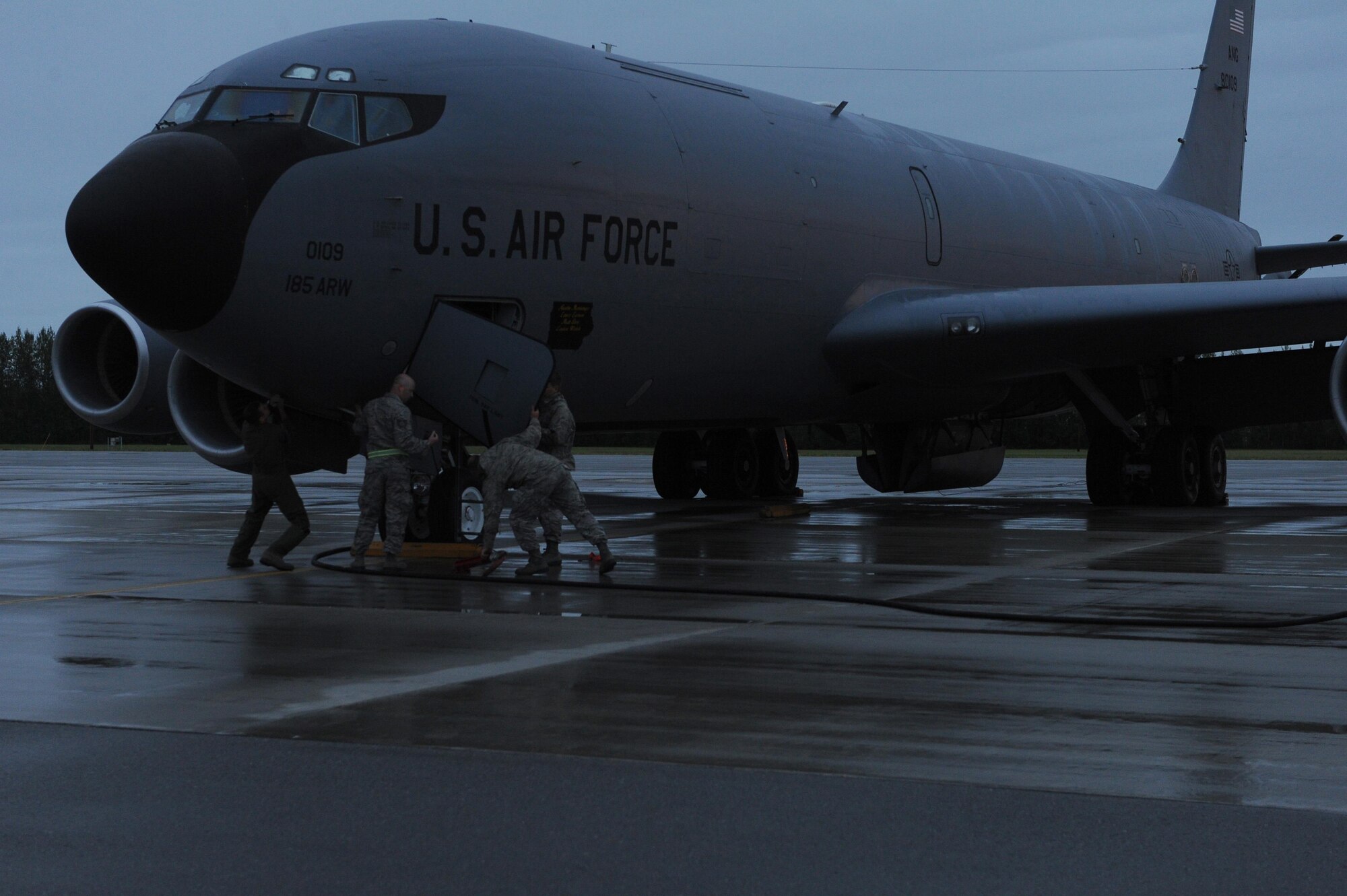 U.S. Air Force Airmen assigned to the 185th Air Refueling Wing, conduct preflight inspections on a KC-135 Stratotanker aircraft, July 11, 2017, at Eielson Air Force Base, Alaska. The KC-135 participated in exercise ULTIMATE REACH in support of aircraft in route to the TALISMAN SABER exercise held in Brisbane, Australia. (U.S. Air Force photo by Airman Eric M. Fisher)