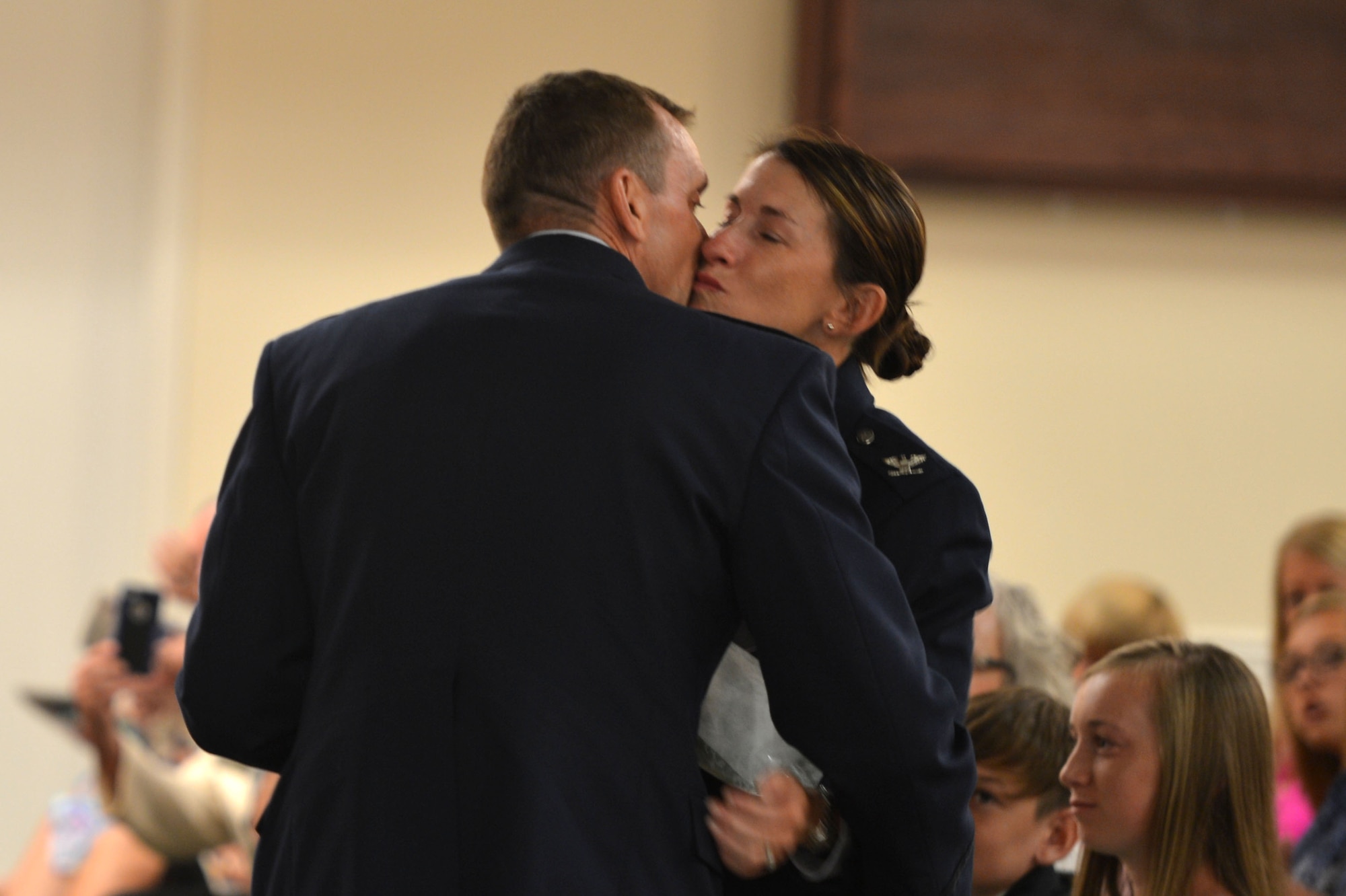 U.S. Air Force Col. Dustin P. Smith, Headquarters U.S. Air Forces Central Command chief of staff, thanks his wife, Col. Kristine B. Smith, 710th Combat Operations Squadron deputy director from Joint Base Langley-Eustis, Va., at the end of his retirement ceremony, July 14, 2017, Shaw Air Force Base, S.C. The former USAFCENT chief of staff retired after 26 years of service. (U.S. Air Force photo by Senior Airman Christopher Maldonado)