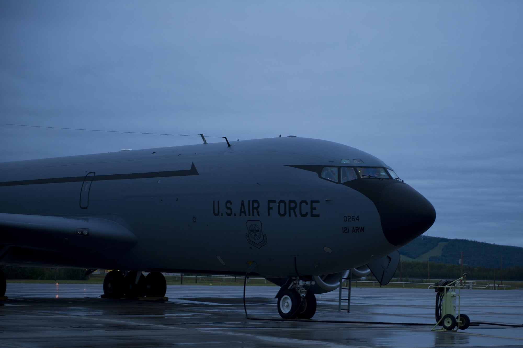 A U.S. Air Force KC-135 Stratotanker aircraft, from the 121st Air Refueling Wing out of Rickenbacker Air National Guard Base, Ohio, waits for take-off July 12, 2017, at Eielson Air Force Base, Alaska. The KC-135 aircraft will fly in support of exercise TALISMAN SABER, a joint exercise between the U.S. and Australia to strengthen partnership and more effectively respond to shared challenges both regionally and around the world. (U.S. Air Force photo by Airman Eric M. Fisher)