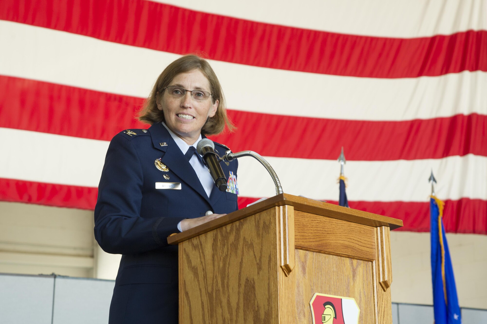 Col. Stephanie W. Williams, 940th Air Refueling Wing commander, speaks during a change of command ceremony July 16, 2017, at Beale Air Force Base, California. Prior to assuming command, Williams was the 349th Operations Group commander at Travis Air Force Base, California. (U.S. Air Force photo by Senior Airman Tara R. Abrahams)