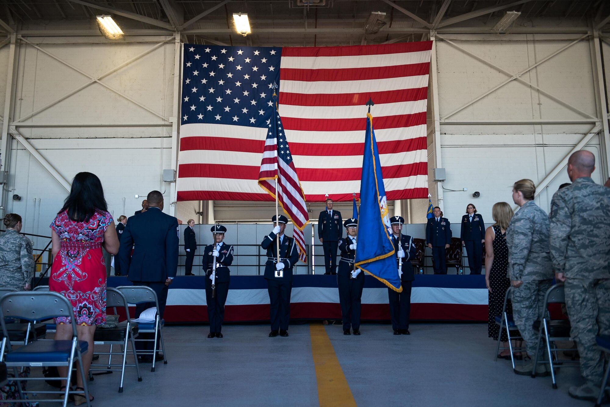 The 940th Air Refueling Wing Honor Guard presents the colors during the wing's change of command ceremony July 16th, 2017, at Beale Air Force Base, California. Col. Stephanie W. Williams took charge of the wing from Col. Craig C. Peters. (U.S. Air Force photo by Staff Sgt. Brenda Davis)