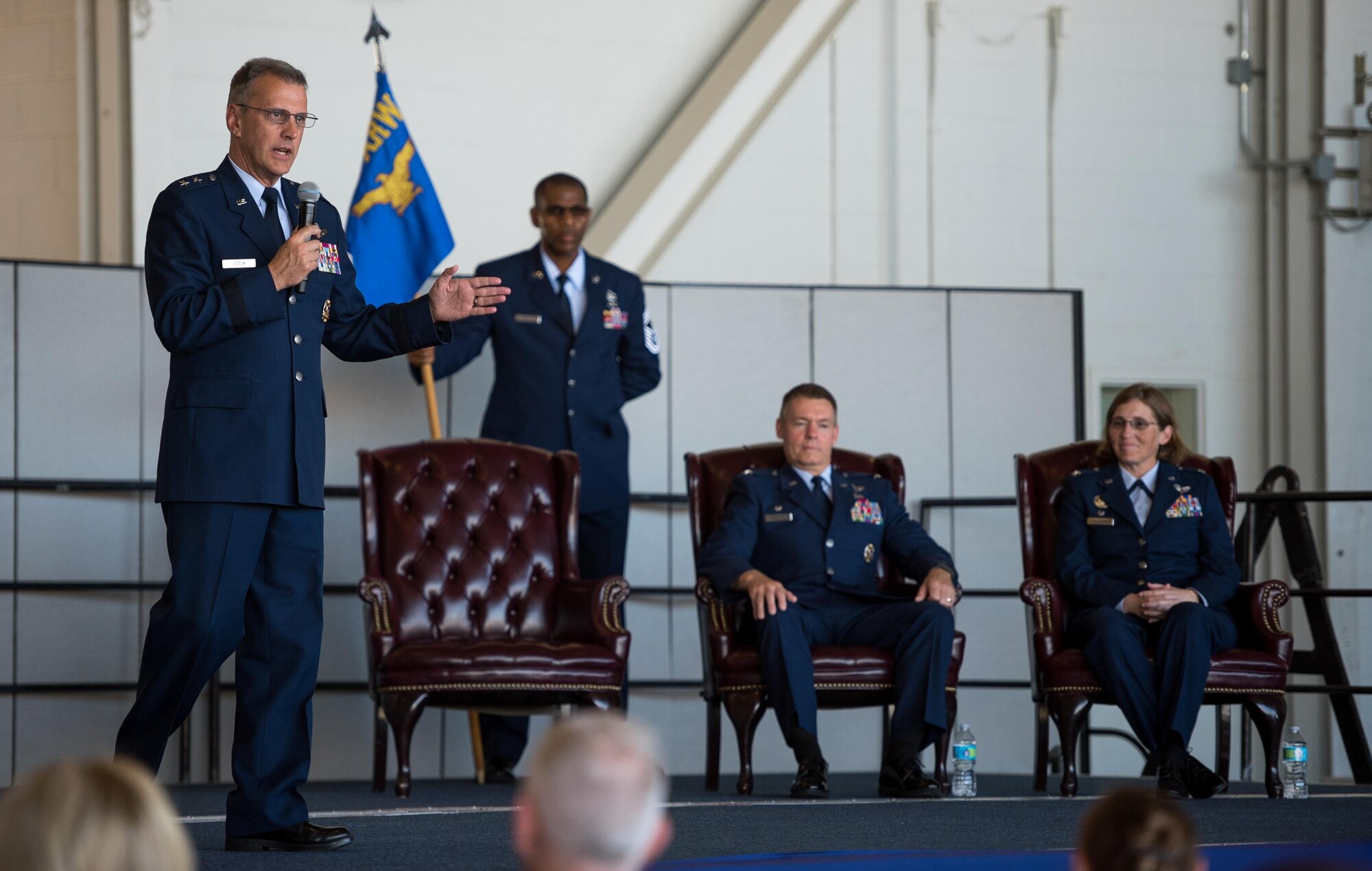 Maj. Gen. Randall A. Ogden, 4th Air Force commander from March Air Reserve Base, California, speaks during a change of command ceremony July 16, 2017, at Beale Air Force Base, California. Ogden served as the presiding officer as Col. Stephanie W. Williams assumed command of the wing from Col. Craig C. Peters. (U.S. Air Force photo by Staff Sgt. Brenda Davis)
