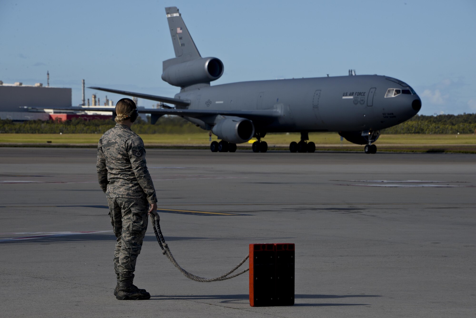 A KC-10 Extender from Travis Air Force Base, California, lands at Royal Australian Air Force Base Richmond in Brisbane, Australia July 14, 2017. KC-10s from Travis AFB and Joint Base McGuire-Dix-Lakehurst, New Jersey, supported Exercise Talisman Saber 2017 by executing Exercise Ultimate Reach, a strategic refueling and airdrop mission in which three KC-10s refueled five C-17 Globemaster IIIs carrying U.S. Army, Australian and Canadian paratroopers prior to an airdrop. TS17 is a biennial exercise in Australia that focuses on bilateral military training between U.S. Pacific Command forces and the Australian Defence Force to improve U.S.-Australia combat readiness, increase interoperability, maximize combined training opportunities and conduct maritime prepositioning and logistics operations in the Pacific. (U.S. Air Force photo by 2nd Lt. Sarah Johnson)