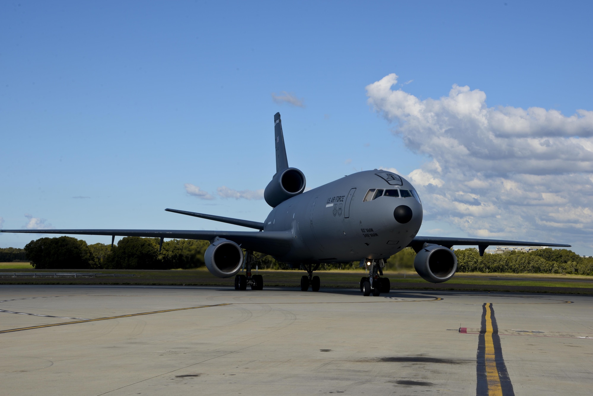 A KC-10 Extender from Travis Air Force Base, California, lands at Royal Australian Air Force Base Richmond in Brisbane, Australia July 14, 2017. KC-10s from Travis AFB and Joint Base McGuire-Dix-Lakehurst, New Jersey, supported Exercise Talisman Saber 2017 by executing Exercise Ultimate Reach, a strategic refueling and airdrop mission in which three KC-10s refueled five C-17 Globemaster IIIs carrying U.S. Army, Australian and Canadian paratroopers prior to an airdrop. TS17 is a biennial exercise in Australia that focuses on bilateral military training between U.S. Pacific Command forces and the Australian Defence Force to improve U.S.-Australia combat readiness, increase interoperability, maximize combined training opportunities and conduct maritime prepositioning and logistics operations in the Pacific. (U.S. Air Force photo by 2nd Lt. Sarah Johnson)