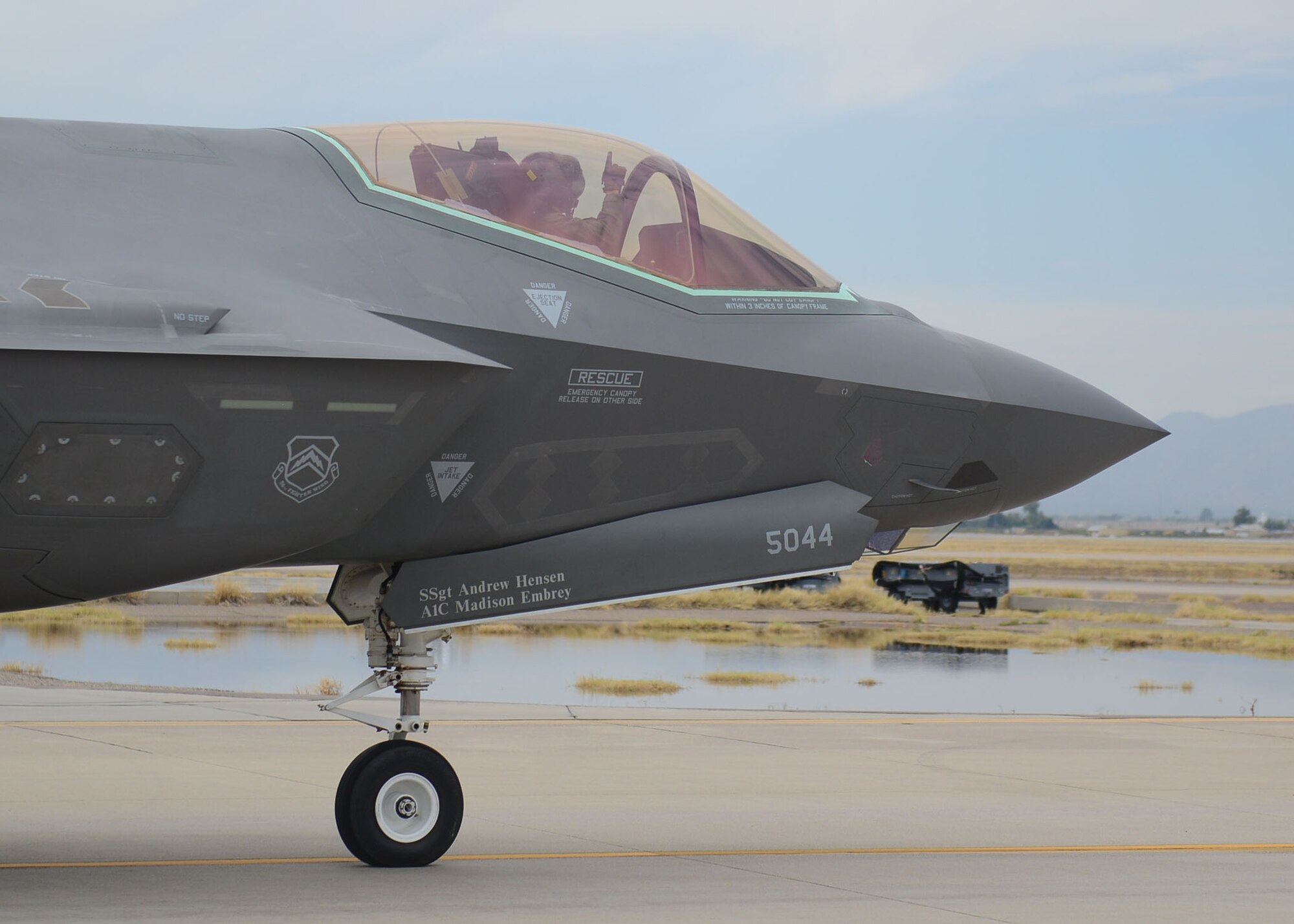 1st Lt. Jeff Teufel, 61st Fighter Squadron F-35 basic course student, taxis at Luke Air Force Base, Ariz., July 17, 2017. Teufel completed his capstone flight today where he faced off against 309th Fighter Squadron F-16 Fighting Falcons. (U.S. Air Force photo/Senior Airman James Hensley)