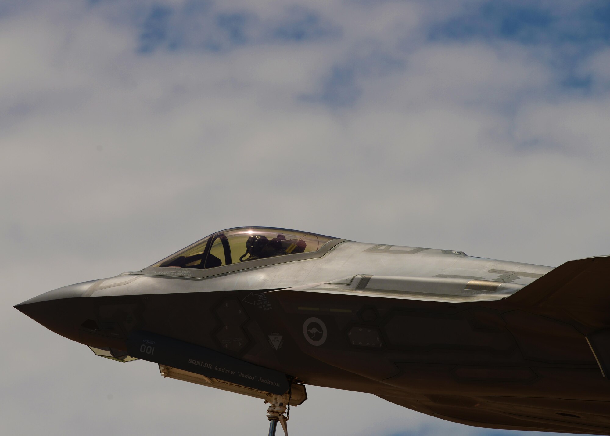 A Royal Australian Air Force F-35A Lightning II taxis down the runway at Luke Air Force Base, Ariz., July 17, 2017. Luke is the central hub for F-35A training often teaming international and U.S. pilots together to learn how to effectively employ the fifth-generation strike fighter. Today’s flight was the capstone flight exercise of the first F-35 basic course at Luke and featured F-35 pilots facing off against F-16 Fighting Falcons. (U.S. Air Force photo/Airman 1st Class Caleb Worpel) 