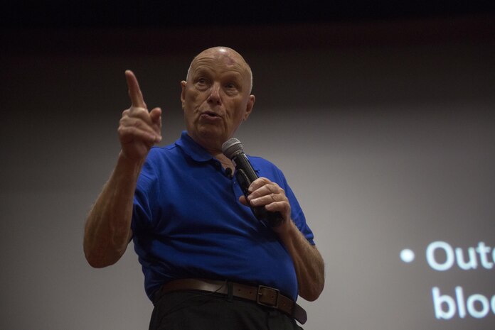 Dr. Story Musgrave, a former Marine staff sergeant and NASA astronaut-scientist, conducts an interview at the Officer’s Club aboard Marine Corps Base Hawaii July 7, 2017. Musgrave would go on to give a motivational professional military education seminar to Marines of Marine Aircraft Group 24 explaining his philosophy for a successful, fulfilling life at the base theater that afternoon. (U.S. Marine Corps photo by Cpl. Zachary Orr)