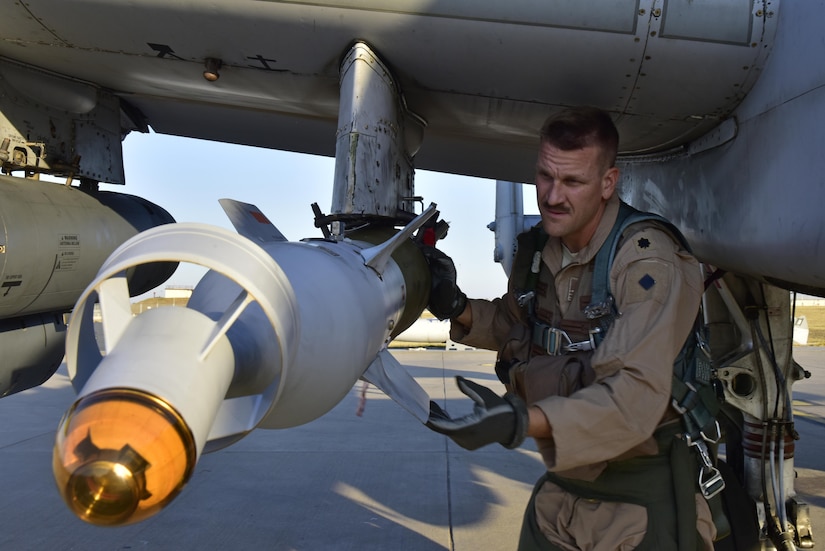 Lt. Col. Ben Rudolphi, 407th Expeditionary Operation Support Squadron commander, conducts a preflight munitions check on an A-10 Thunderbolt II July 11, 2017, at Incirlik Air Base, Turkey. Rudolphi has provided a dual role in Operation INHERENT RESOLVE as the commander of the 407th EOSS in Southwest Asia and being directly in the fight against ISIS conducting A-10 flying missions with the 477th Air Expeditionary Group.The A-10 supports ground forces with rapid employment close air and contact support. It utilizes a variety of bomb, missiles and a 30mm GAU-8 seven-barrel Gatling gun. (U.S. Air Force photo by Senior Airman Ramon A. Adelan)