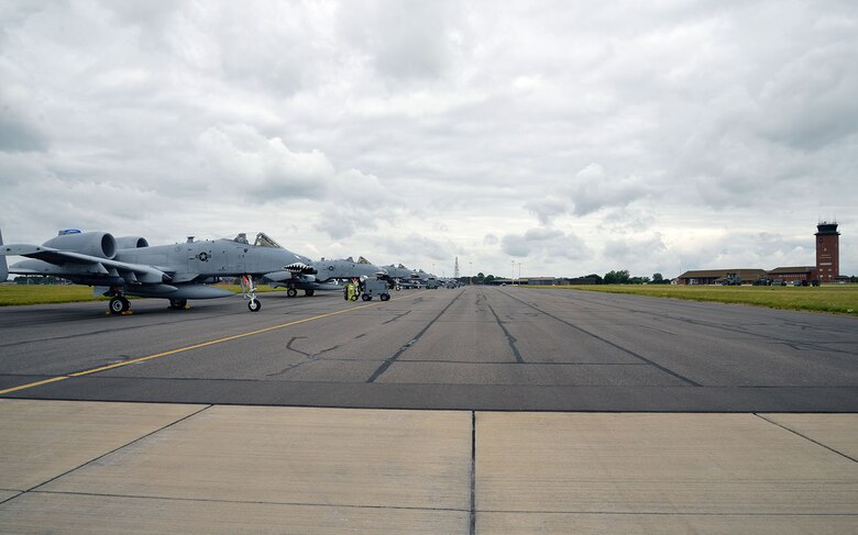 Some A-10 Warthogs from Moody Air Force Base, Ga., transited through RAF Mildenhall, England, July 14, 2017, on their way to a deployment in support of Operation Inherent Resolve.