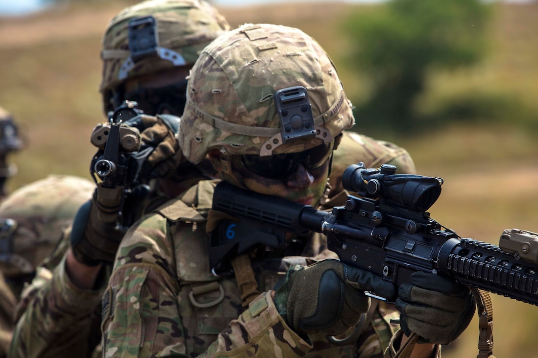 Soldiers perform a stack formation before breaching a room during urban operations training, part of 2017 Saber Guardian Exercise in Koren, Bulgaria, July 15, 2017. Army photo by Spc. Winterlyn Patterson