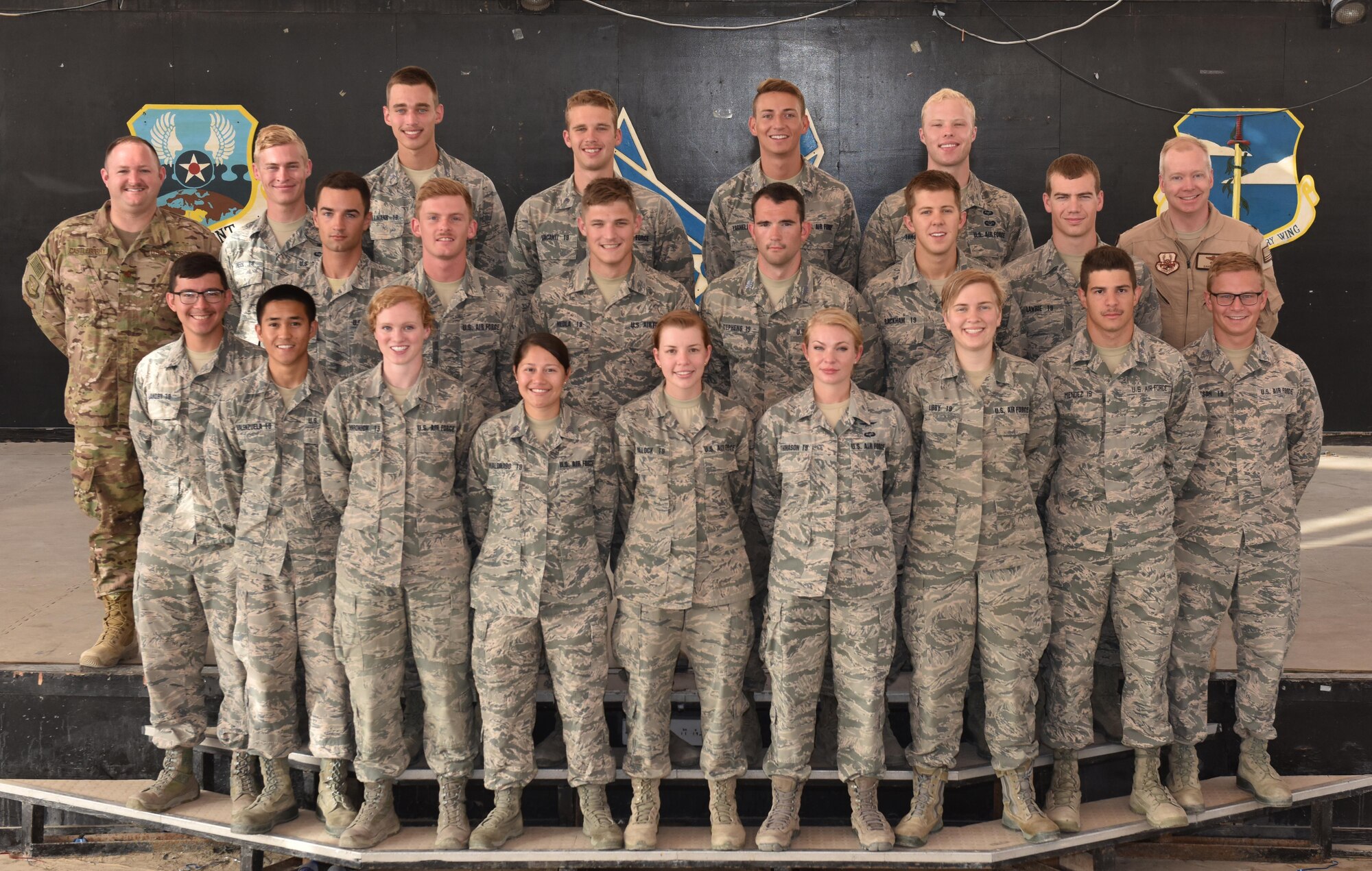 Maj. Jason Castleberry (left), Lt. Col. David Meier (right), and 20 U.S. Air Force Academy cadets pose for a photo at an undisclosed location in southwest Asia, July 7, 2017. Cadets visited the 380th Air Expeditionary Wing and embedded with multiple units across the installation to see firsthand how separate elements of the mission fit into the whole. (U.S. Air Force photo by Staff Sgt. Marjorie A. Bowlden)