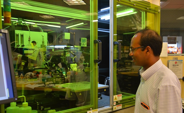 Dr. Santanu Bag, a project scientist at the Materials and Manufacturing Directorate, Air Force Research Laboratory, is exploring cost-efficient manufacturing of solar cells using additive technology.