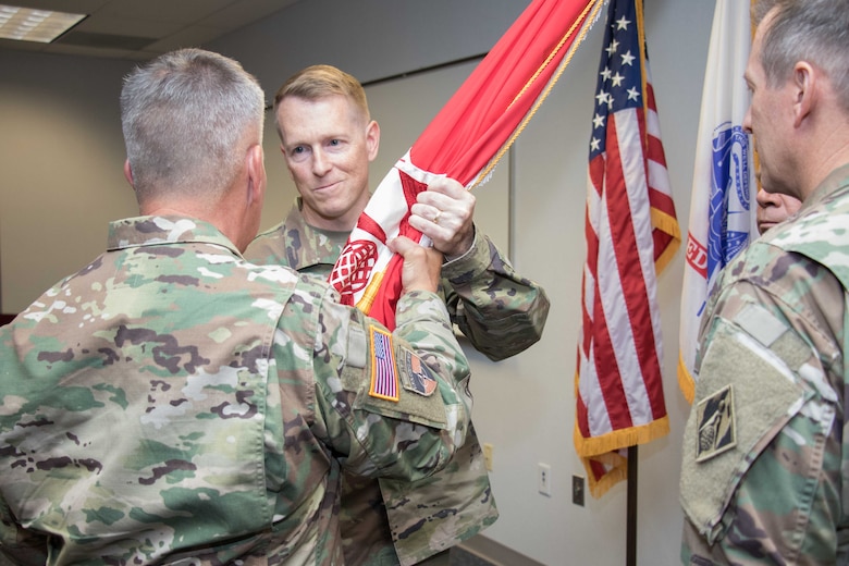The U.S. Army Corps of Engineers, Commanding General  and 54th Chief of Engineers Lt. Gen. Todd Semonite accepted the colors from the Transatlantic Division Commander, Maj. Gen. Robert Carlson, and passed them to Brig. Gen. David Hill the new Transatlantic Division Commander during a Change of Command and Change of Responsibility Ceremony July 14 at the division's
headquarters in Winchester, Va. Simultaneously, Command Sgt. Maj. Ronald Johnson relinquished responsibility of his duties to Command Sgt. Maj. John Etter Jr.