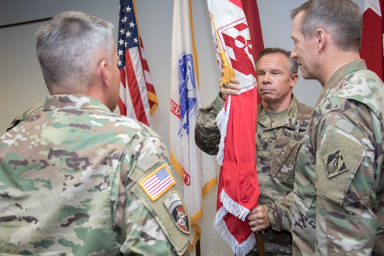 The U.S. Army Corps of Engineers, Commanding General  and 54th Chief of Engineers Lt. Gen. Todd Semonite accepted the colors from the Transatlantic Division Commander, Maj. Gen. Robert Carlson, and passed them to Brig. Gen. David Hill the new Transatlantic Division Commander during a Change of Command and Change of Responsibility Ceremony July 14 at the division's
headquarters in Winchester, Va. Simultaneously, Command Sgt. Maj. Ronald Johnson relinquished responsibility of his duties to Command Sgt. Maj. John Etter Jr.