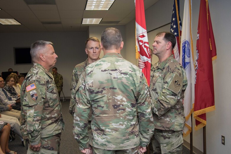 The U.S. Army Corps of Engineers, Commanding General  and 54th Chief of Engineers Lt. Gen. Todd Semonite accepted the colors from the Transatlantic Division Commander, Maj. Gen. Robert Carlson, and passed them to Brig. Gen. David Hill the new Transatlantic Division Commander during a Change of Command and Change of Responsibility Ceremony July 14 at the division's
headquarters in Winchester, Va. Simultaneously, Command Sgt. Maj. Ronald Johnson relinquished responsibility of his duties to Command Sgt. Maj. John Etter Jr.