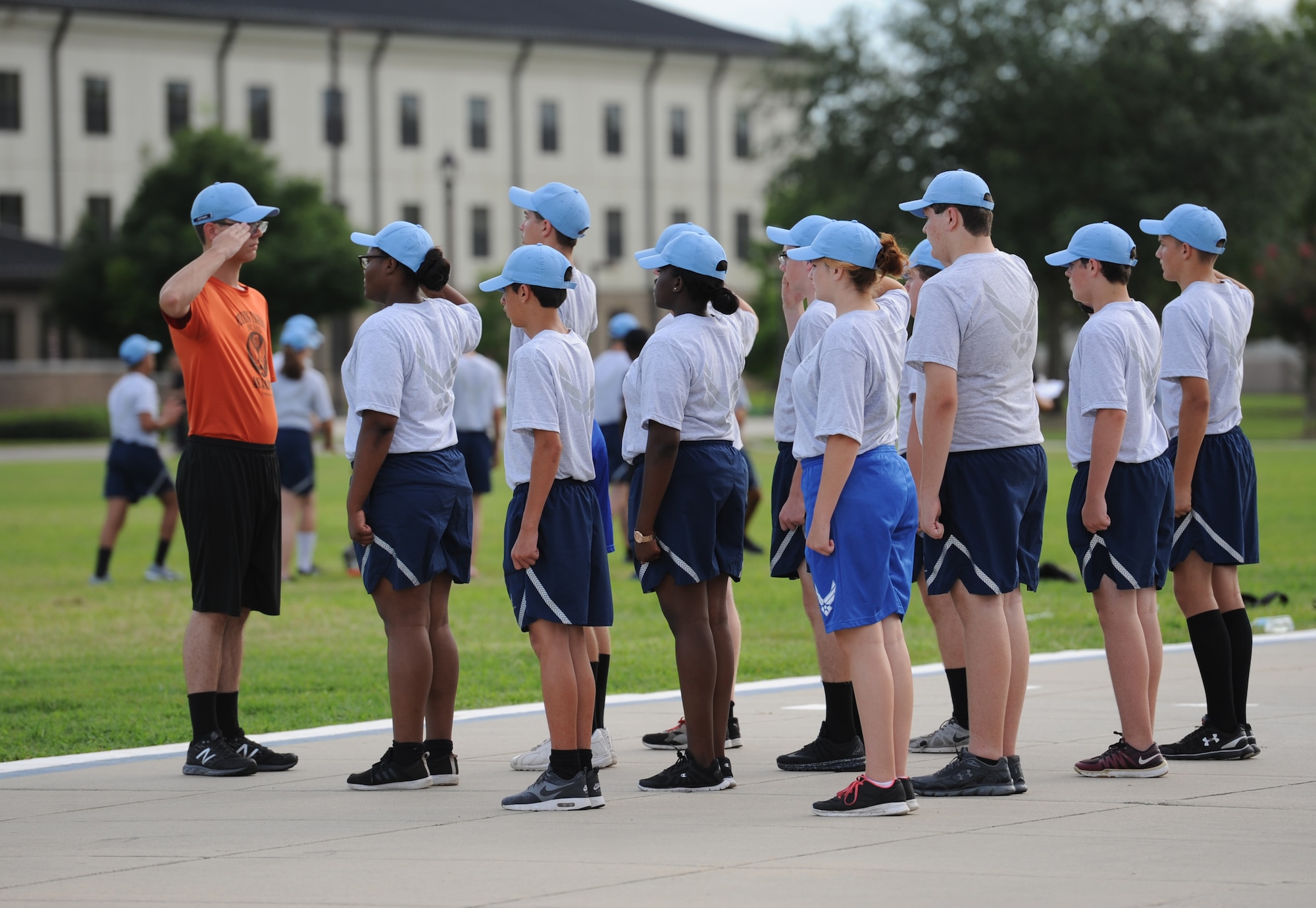 Lancer Flight cadets participate in a drill competition during a Junior ROTC Cadet Leadership Course at the Levitow Training Support Facility July 12, 2017, on Keesler Air Force Base, Miss. Approximately 140 JROTC students from 15 high schools in five states attended the week-long course at Keesler that ended with a parade and graduation ceremony. (U.S. Air Force photo by Kemberly Groue)