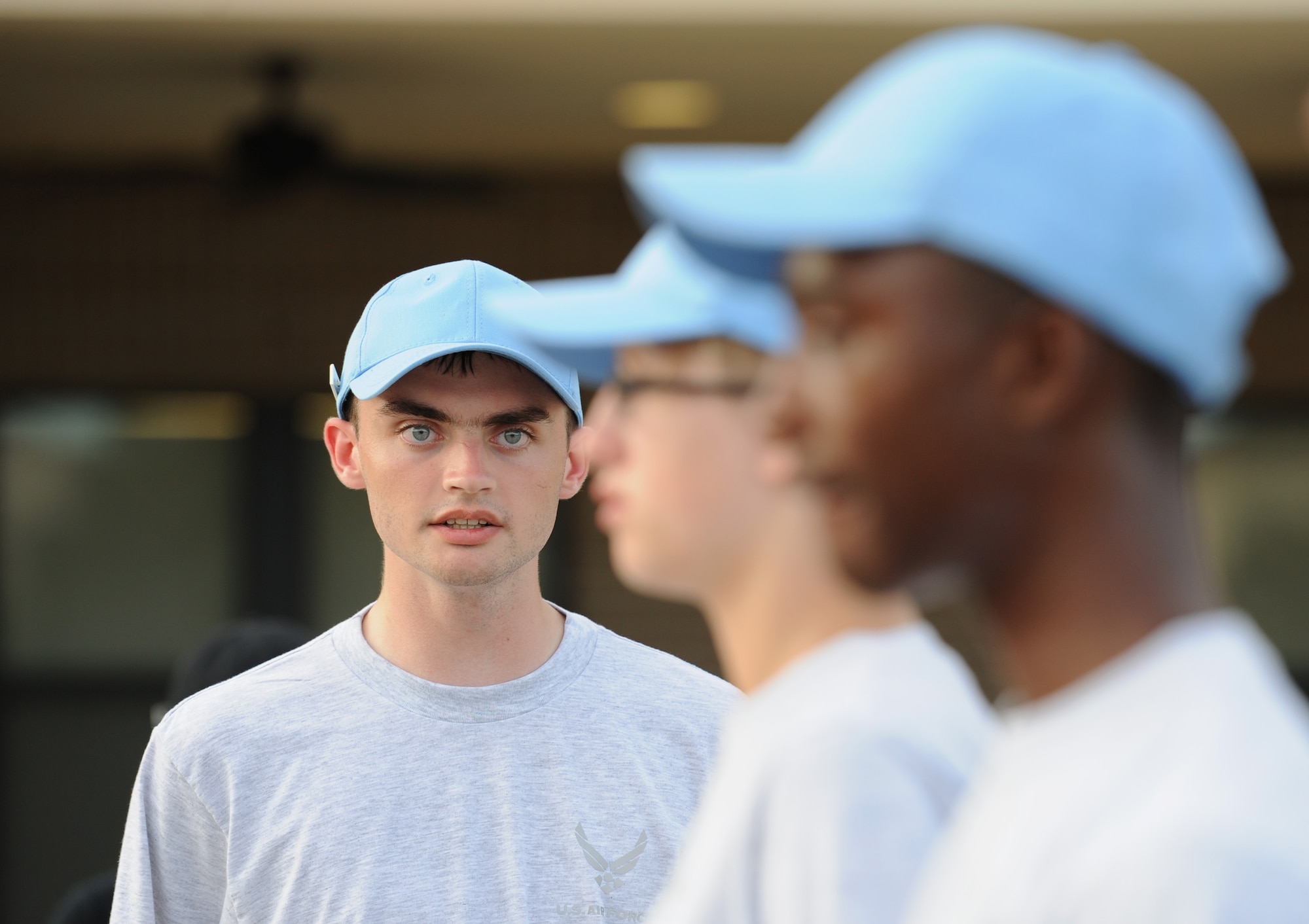 Danny Woods, Lexington High School Air Force Junior ROTC cadet, Lexington, Tenn., calls commands in a drill competition during the JROTC Cadet Leadership Course at the Levitow Training Support Facility July 12, 2017, on Keesler Air Force Base, Miss. Approximately 140 JROTC students from 15 high schools in five states attended the week-long course at Keesler that ended with a parade and graduation ceremony. (U.S. Air Force photo by Kemberly Groue)