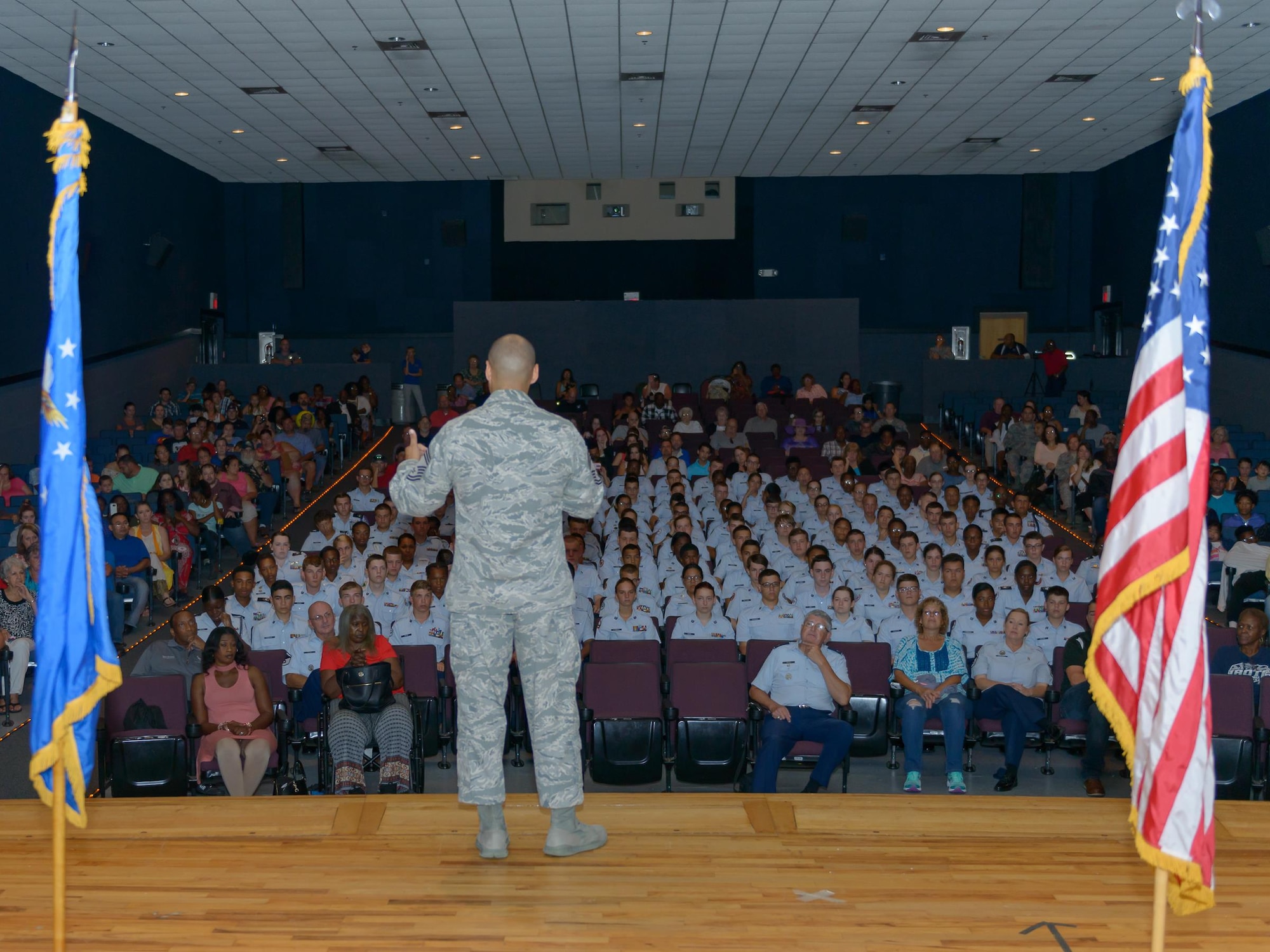 Chief Master Sgt. Rodney Deese II, Mathies NCO Academy commandant, speaks with Air Force Junior ROTC Cadets during the JROTC Cadet Leadership Course graduation at the Welch Theater July 14, 2017, on Keesler Air Force Base, Miss. Approximately 140 JROTC students from 15 high schools in five states attended the week-long course at Keesler that ended with a parade and graduation ceremony. (U.S. Air Force photo by André Askew)