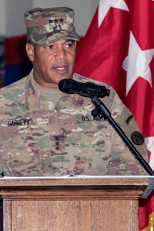 Lt. Gen. Michael X. Garrett, commander of U.S. Army Central, gives a few remarks during the Task Force Spartan transfer of authority ceremony at Camp Arifjan, Kuwait, July 13, 2017. The 29th Infantry Division handed over control of Task Force Spartan, part of Operation Spartan Shield, to the 35th Infantry Division. TF Spartan highlights the vital role played by Army National Guard and Army Reserve Soldiers in operations around the world.