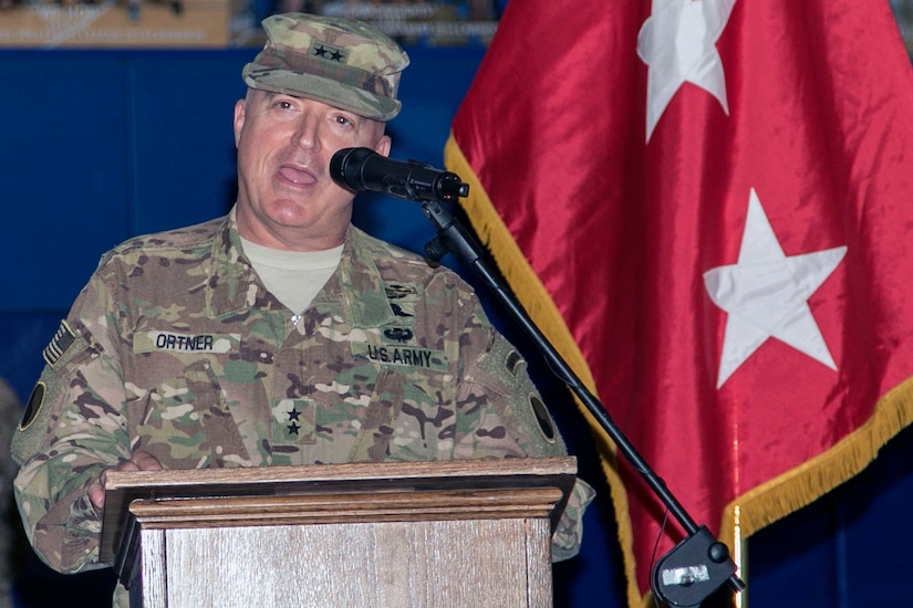 Maj. Gen. Blake C. Ortner, commanding general of the 29th Infantry Division, gives a few remarks during the Task Force Spartan transfer of authority ceremony at Camp Arifjan, Kuwait, July 13, 2017. The 29th Inf. Div. handed over control of TF Spartan, part of Operation Spartan Shield, to the 35th Infantry Division. TF Spartan highlights the vital role played by Army National Guard and Army Reserve Soldiers in operations around the world.