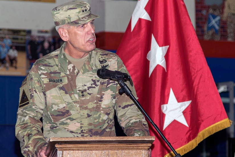 Maj. Gen. Victor J. Braden, commanding general of the 35th Infantry Division, gives a few remarks during the Task Force Spartan transfer of authority ceremony, at Camp Arifjan, Kuwait, July 13, 2017. The 35th Inf. Div. assumed command of TF Spartan, part of Operation Spartan Shield, from the 29th Infantry Division. TF Spartan highlights the vital role played by Army National Guard and Army Reserve Soldiers in operations around the world.