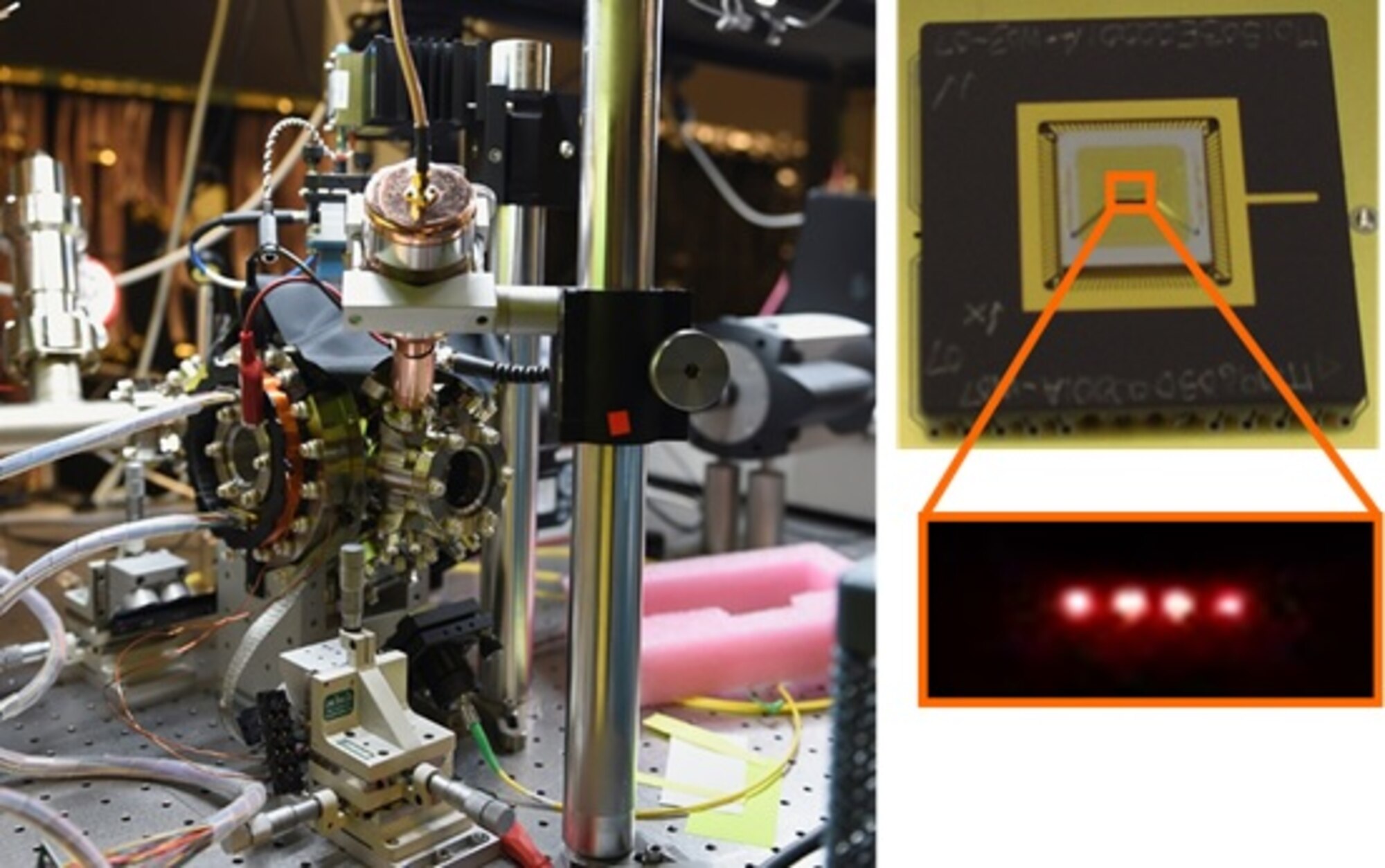 The ultrahigh vacuum chamber that houses the trapped ion experiment (left). The ion trap (upper right) used in the experiment. It is a surface electrode trap from Sandia National Laboratory. Four trapped Yb+ ions confined in the ion trap (bottom right). The ions are illuminated with resonant 369nm light and the scattered photons are collected on an Electron Multiplying Charge-Coupled Device camera, a device used for extremely low-light video capture, capable of detecting single photons – the fundamental particle of light. The ability to capture multiple ions, used as qubits, could be critical to creating fully functional quantum computers and quantum networks. (U.S. Air Force photo/Courtesy)