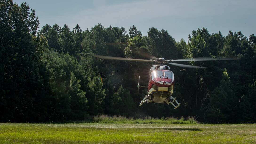A Nightingale Regional Air Ambulance departs Joint Base Langley-Eustis, Va., during an aircraft mishap exercise on July 11, 2017. The exercise evaluated first responders’ ability to respond to an aircraft incident and coordinate with other military branches. (U.S. Air force photo/Staff Sgt. Areca T. Bell)