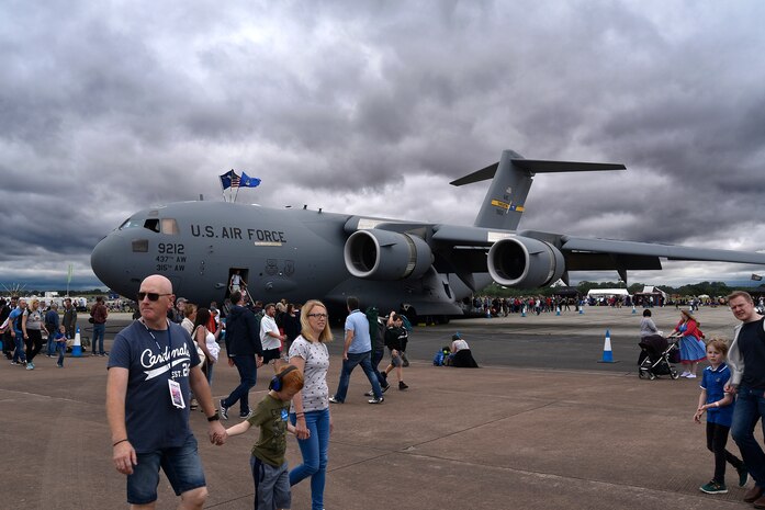 A C-17 Globemaster III sits on the ramp at the Royal International Air Tattoo in Fairford, U.K.  A crew from the 315th Airlift Wing participated in the three-day airshow.  The airshow celebrated the 70th anniversary of the U.S. Air Force. (U.S. Air Force Photo by Maj. Wayne Capps)