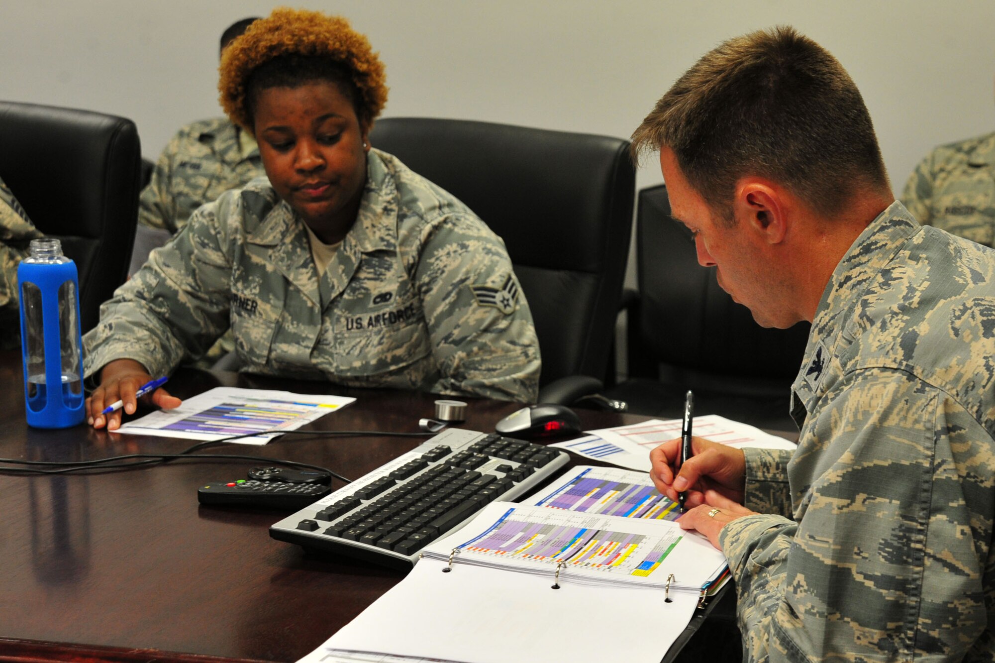 U.S. Air Force Senior Airman Alexus Warner, 55th Fighter Squadron (FS) lead scheduler, left, provides updates to Col. Colin Morris, 20th Maintenance Group commander, during a meeting at Shaw Air Force Base, S.C., July 12, 2017.  Warner told Morris the weekly status of all F-16CM Fighting Falcons assigned to the 55th FS, including which aircraft were scheduled for maintenance, operating at another location or flying. (U.S. Air Force photo by Airman 1st Class Kathryn R.C. Reaves)