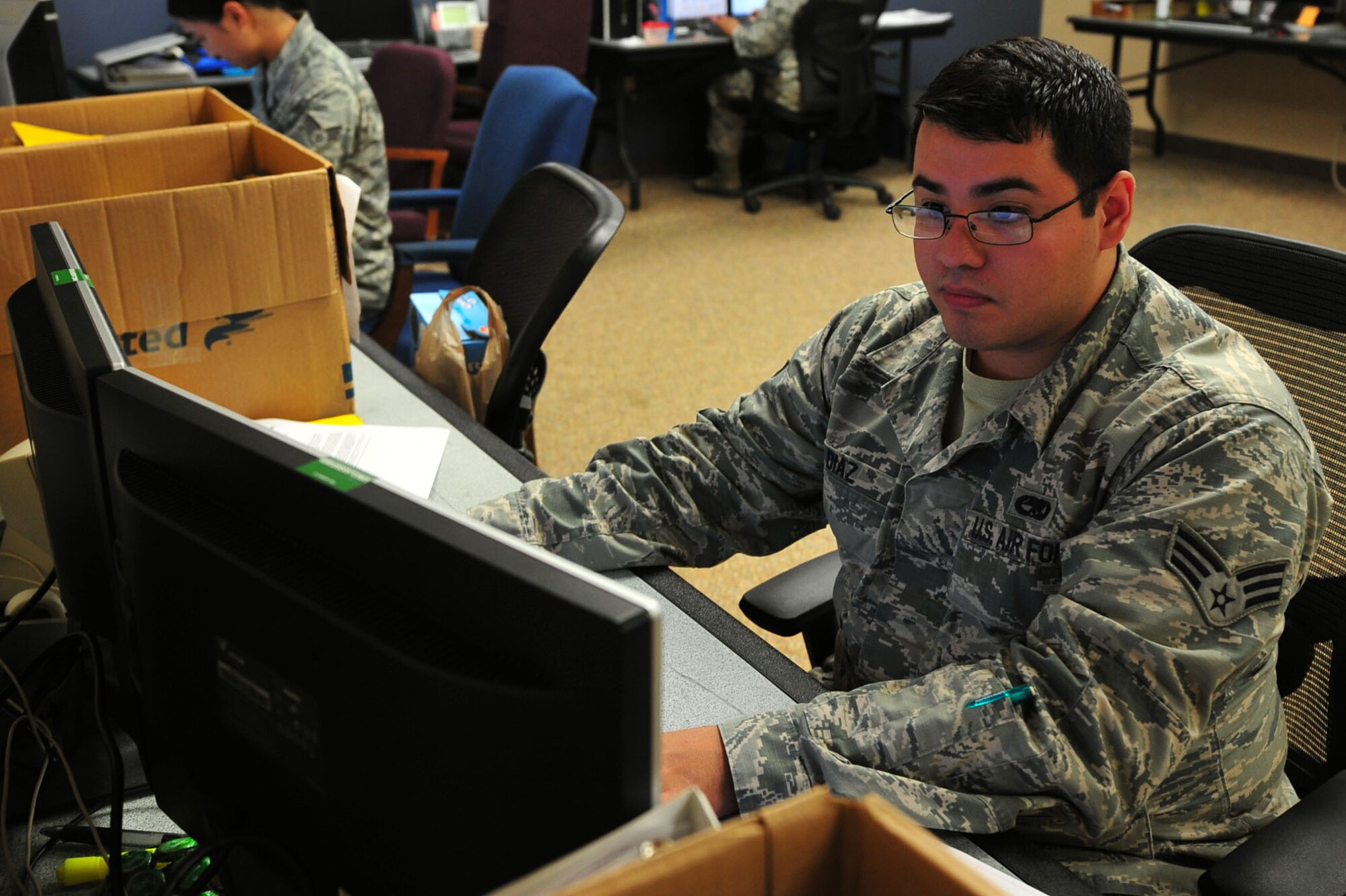 U.S. Air Force Senior Airman Alberto Diaz, 20th Maintenance Group time compliance technical order monitor, validates the completion of Headquarters Air Force tasks at Shaw Air Force Base, S.C., July 12, 2017. Diaz ensured the F-16CM Fighting Falcon maintenance tasks were completed to prevent excess wear to aircraft parts which could cause hazardous situations for Airmen. (U.S. Air Force photo by Airman 1st Class Kathryn R.C. Reaves)