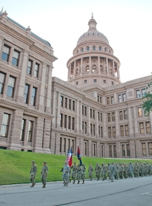 The 36th Infantry Division marched over the Congress Avenue Bridge to the Texas State Capitol in Austin on July 16, 2017. The division marched in to commemorate the unit's 100th anniversary [July 18] and to lay a wreath at the 36th Infantry Division Monument on the west side of the Capitol building to honor those who have served in the division and those who gave their lives in support and defense of the United States and the state of Texas. 