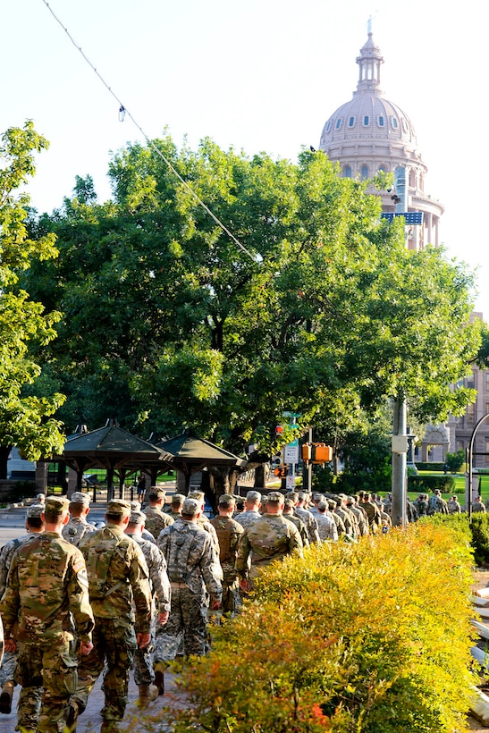 36th Infantry Division soldiers march as part of their celebration of the 100th anniversary since the division was formed in Austin, Texas, July 16, 2017. Army National Guard photo by Sgt. Michael Giles