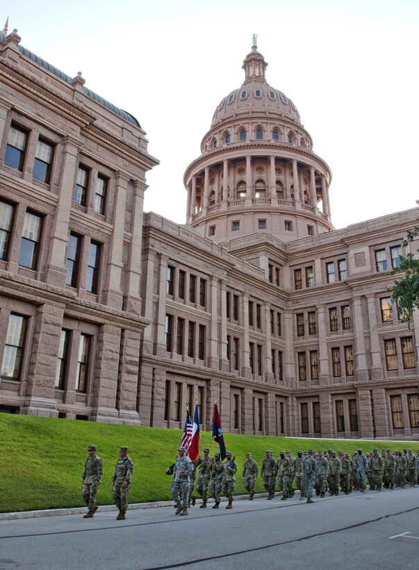 The 36th Infantry Division arrives at the Texas State Capitol in Austin, Texas, July 16, 2017. The division marched to commemorate the unit's 100th anniversary. Army photo by Spc. Christina Clardy