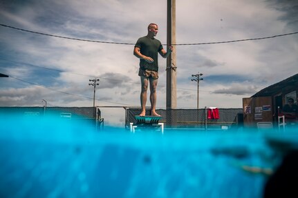 U.S. Marines with Special Purpose Marine Air-Ground Task Force – Southern Command conduct water survival training with U.S. Army soldiers from JTF-Bravo Medical Element at Soto Cano Air Base, June 13, 2017. This week-long training class went over different survival techniques, swimming tips, uniform flotation methods and physical training. (U.S. Air National Guard photo by Master Sgt. Scott Thompson/released)