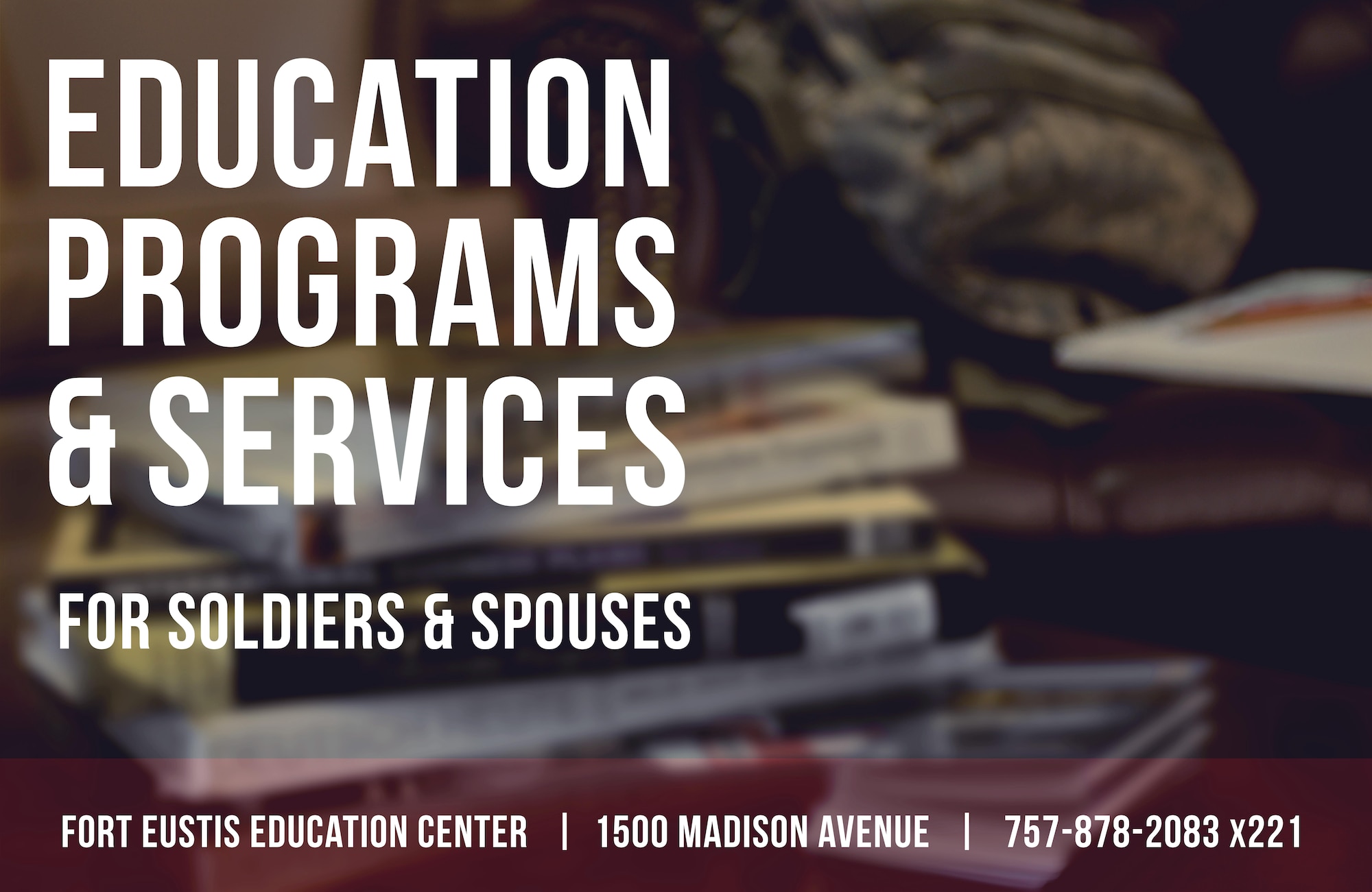 Herbert Bateman Education Center guidance counselors at Joint Base Langley-Eustis, Va., are available to assist in navigating education programs, selecting degree plans and conducting official testing for career and education advancement for service members. Counseling is available on a walk-in basis from 8 a.m. to 5 p.m., Monday, Tuesday, Wednesday and Friday at 1500 Madison Avenue, Fort Eustis, Va. (U.S. Air Force graphic/Tech. Sgt. Katie Gar Ward)