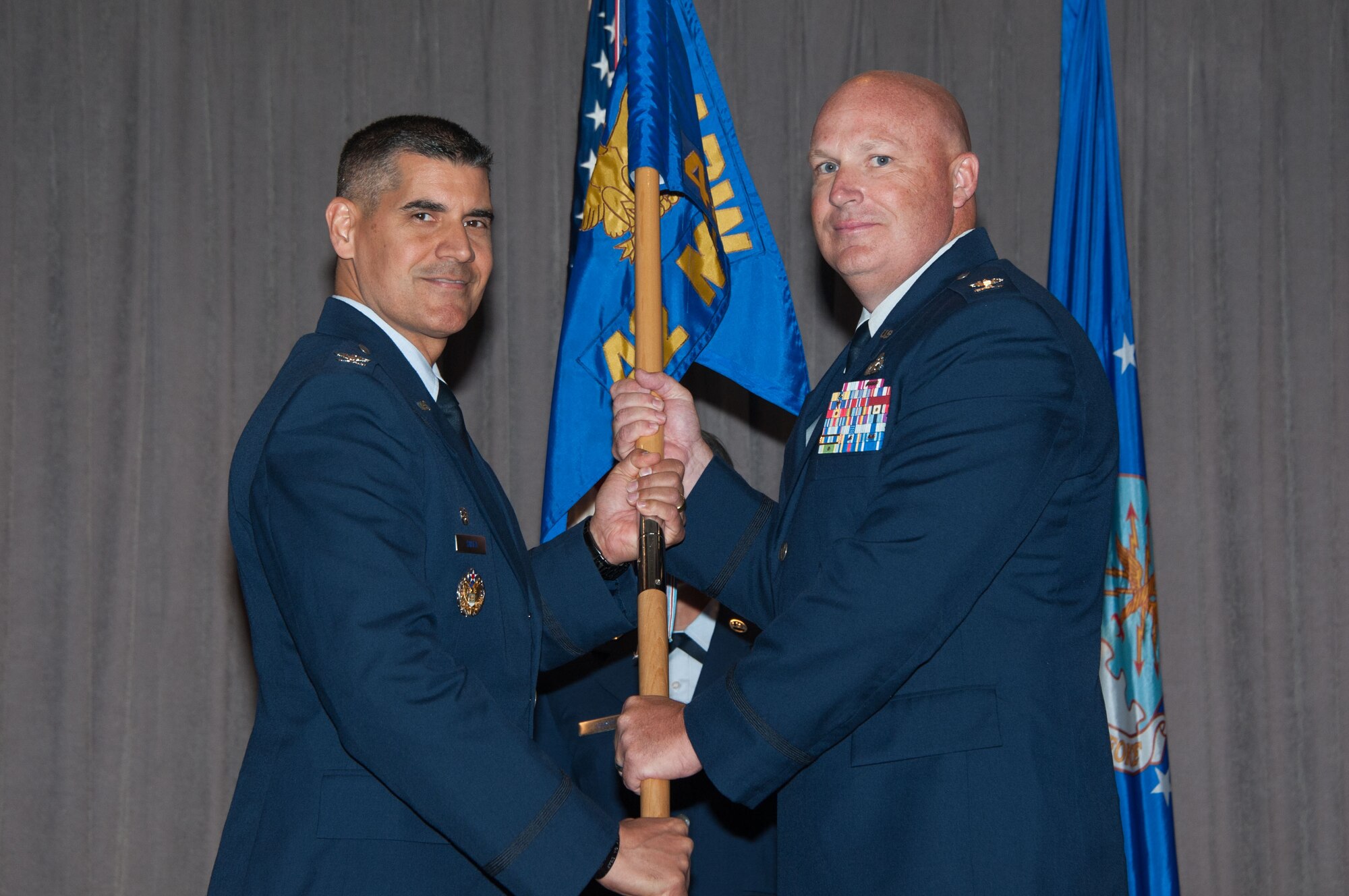 Col. Robert Waarvik assumed command of the 42nd Mission Support Group during a change of command ceremony, July 14, 2017, Maxwell Air Force Base, Ala. Col. Eric Shafa, 42nd Air Base Wing commander, officiated the ceremony and Waarvik assumed command from Col. Donald Lewis. (US. Air Force photo/ Bud Hancock)