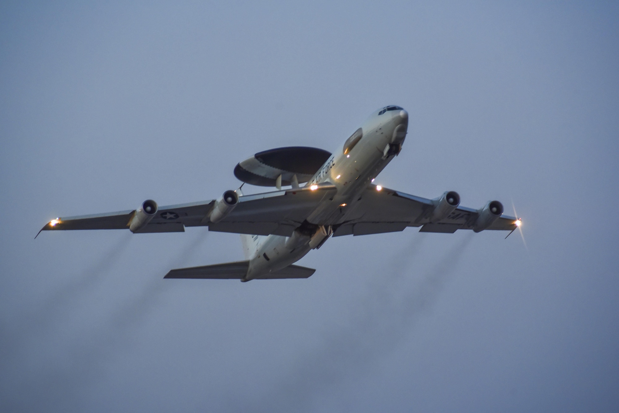 A U.S. Air Force E-3 Sentry Airborne Warning and Control System assigned to the 965th Airborne Air Control Squadron, Tinker Air Force Base, Okla., takes off from Nellis Air Force Base, Nevada, during Red Flag 17-3 June 13, 2017. The E-3 is a mobile command and control platform that provides control anywhere in the world at a moment’s notice. (U.S. Air Force photo by Senior Airman Dustin Mullen)