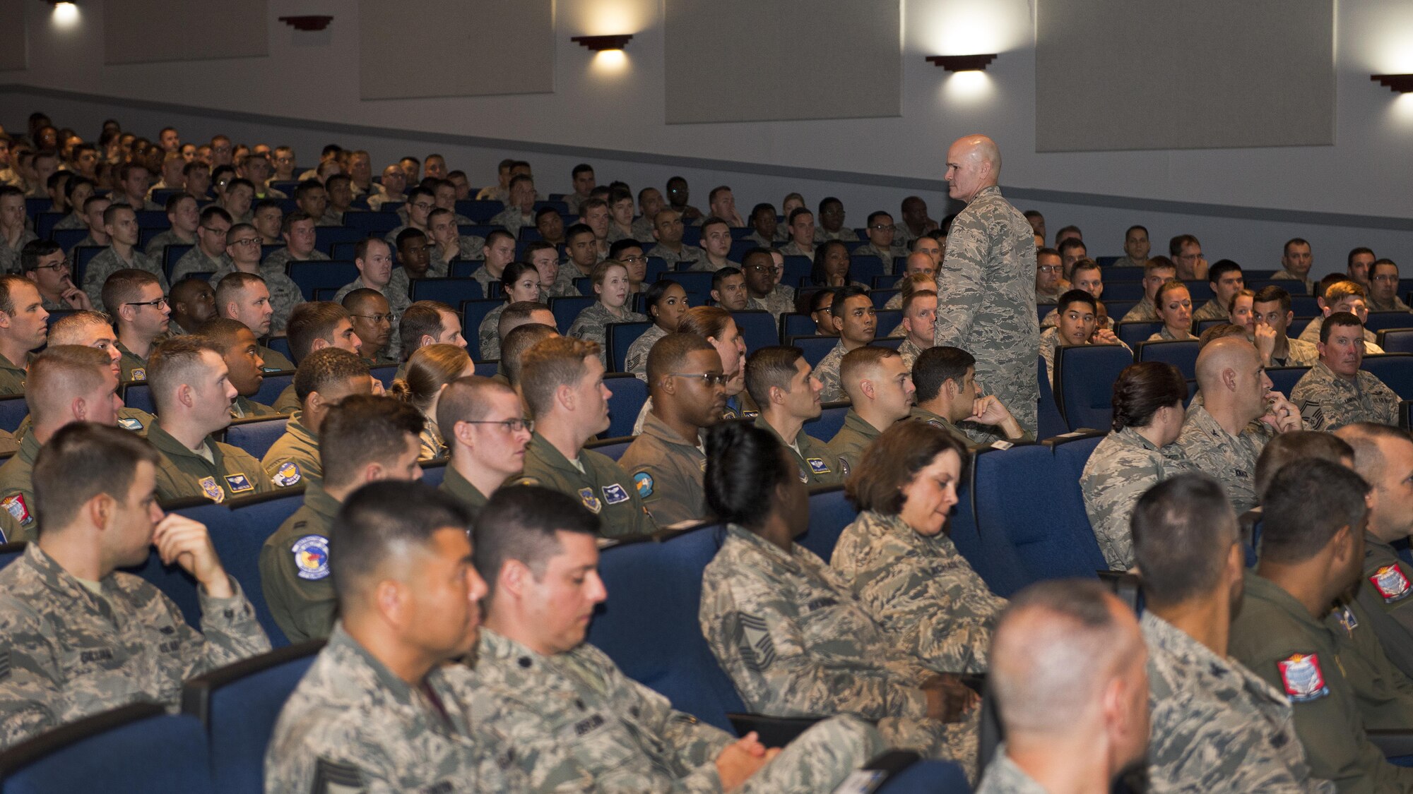 Gen. Carlton D. Everhart II, Air Mobility Command commander, speaks to Team Dover Airman at his Commander’s Call July 14, 2017, at Dover Air Force Base, Del. Everhart’s speech focused on the importance of the individual Airmen and their role in AMC’s overall rapid global mobility mission. (U.S. Air Force photo by Senior Airman Zachary Cacicia)