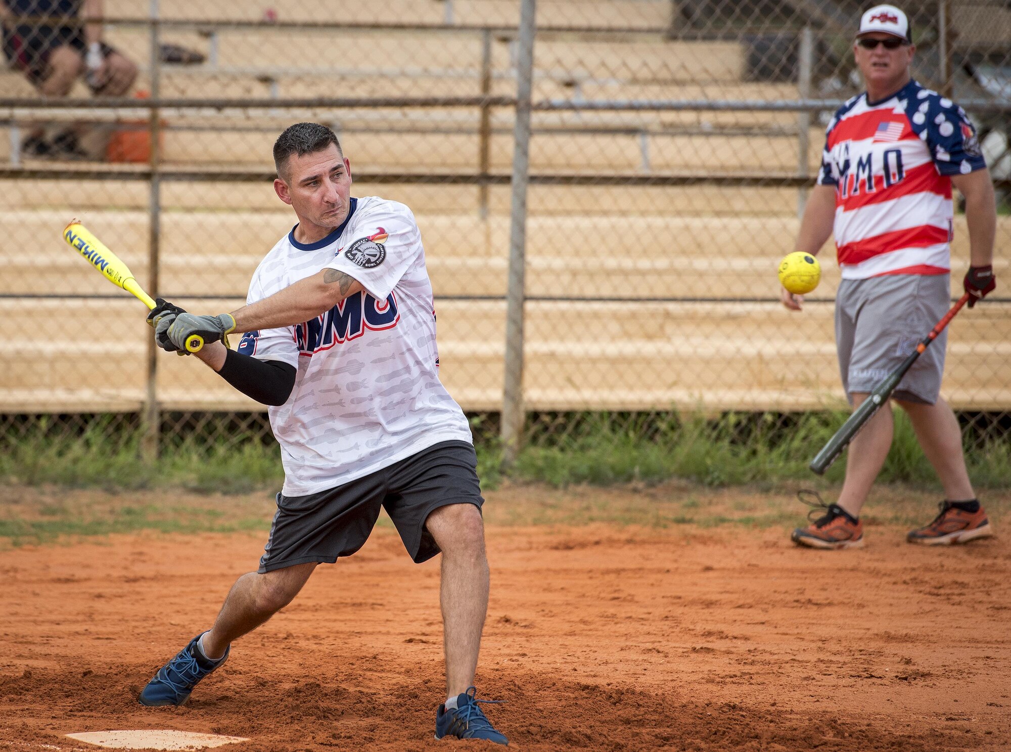 Jeff Hird, 96th Maintenance Squadron, swings away during an intramural softball game against the 359th Training Squadron team July 17 at Eglin Air Force Base, Fla.  The league-leading Maintainers pounded the training squadron 10-5 to improve to 9-1 on the season.  (U.S. Air Force photo/Samuel King Jr.)