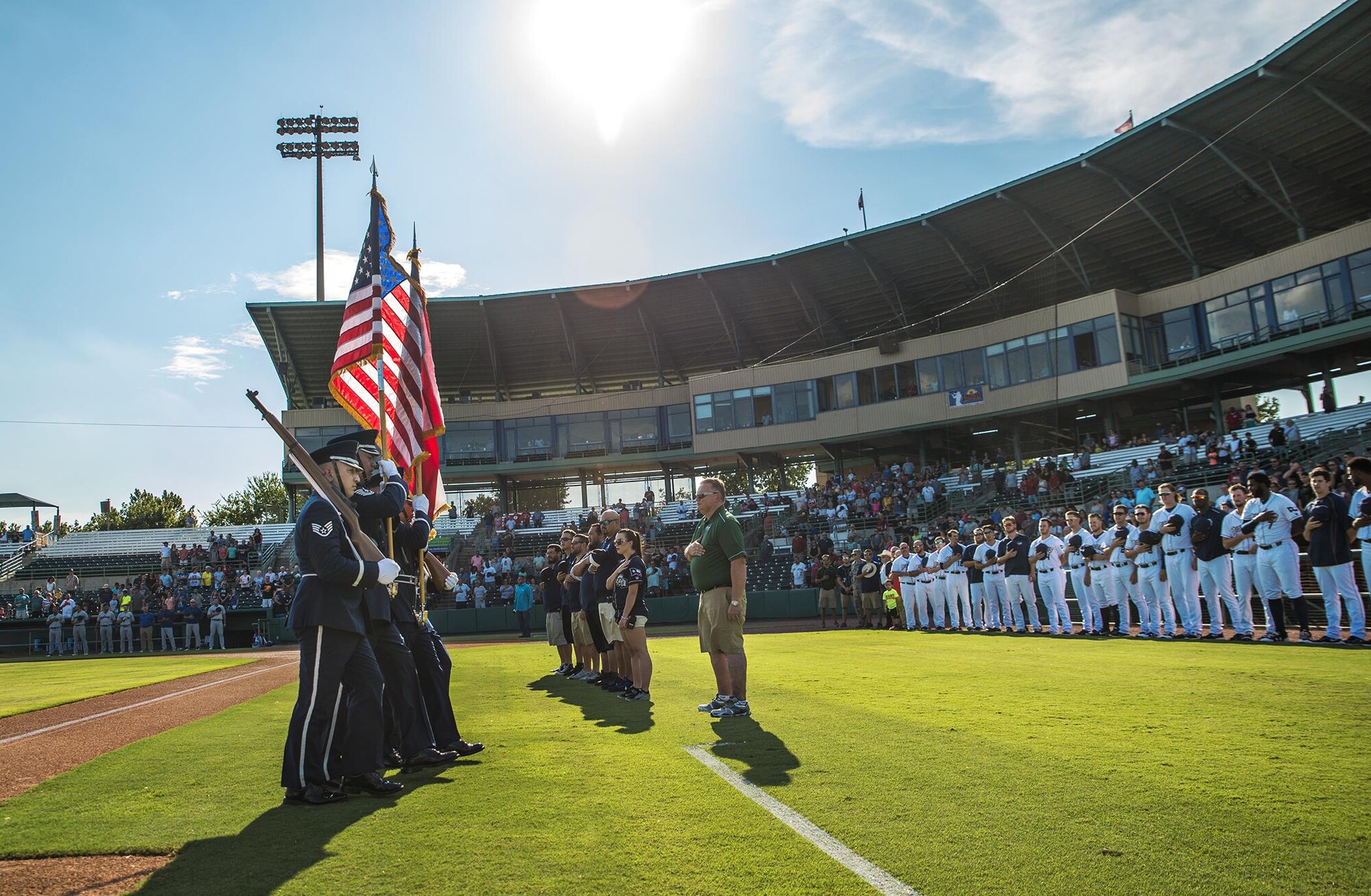 The 433rd Airlift Wing Color Guard presented the colors at the San Antonio Missions baseball game July 16, 2017 at Nelson Wolff Stadium. (U.S. Air Force photo by Benjamin Faske)