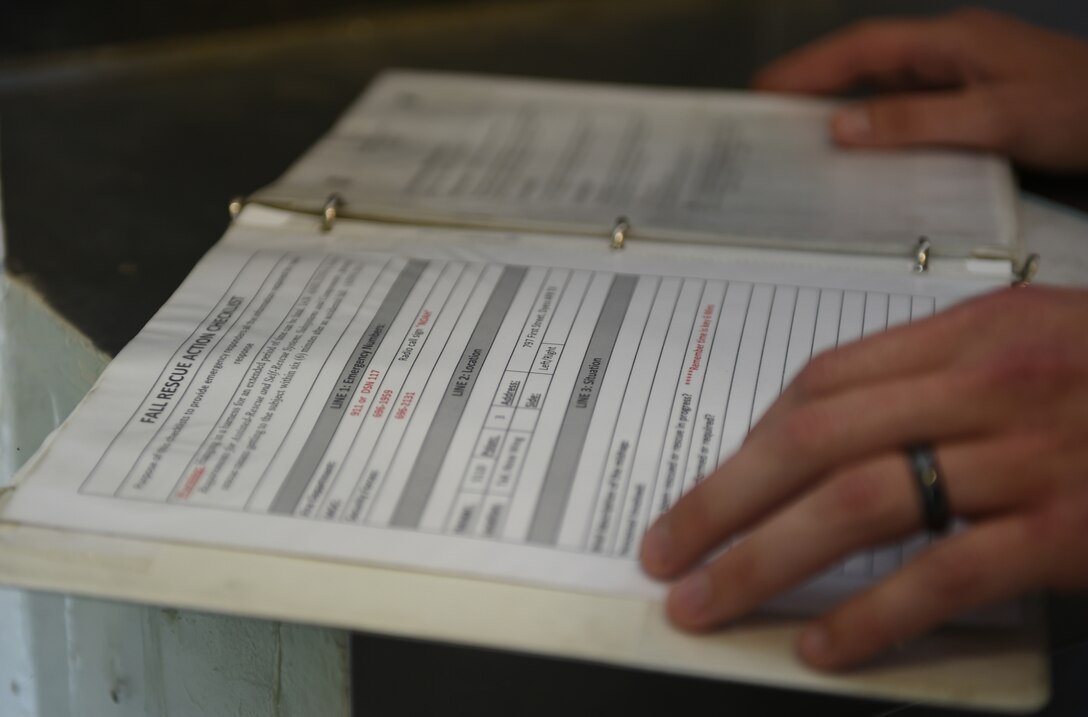 U.S. Air Force Staff Sgt. Rhebb Hulett, 7th Bomb Wing operational safety technician, evaluates a safety checklist during a facility inspection at Dyess Air Force Base, Texas, July 10, 2017. The occupational safety division manages Air Force safety standards and evaluates service-wide safety mishap investigations. Facility inspections can include spot checks and program overviews of all 7th Bomb wing facilities while providing recommendations to leadership on safety standards. (U.S. Air Force photo by Airman 1st Class Emily Copeland)