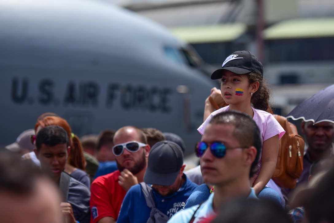 Guests watch the aerial demonstrations at José María Córdova International Airport during Feria Aeronautica Internacional—Colombia 2017 in Rionegro, Colombia, July 15, 2017. The United States Air Force is participating in the four-day air show with two South Carolina Air National Guard F-16s as static displays, plus static displays of a KC-135, KC-10, along with an F-16 aerial demonstration by the Air Combat Command’s Viper East Demo Team. United States military participation in the air show provides an opportunity to strengthen our military-to-military relationships with regional partners and provides the opportunity to meet with our Colombian air force counterparts and facilitate interoperability, which can be exercised in future cooperation events such as exercises and training. (U.S. Air National Guard photo by Senior Airman Megan Floyd)